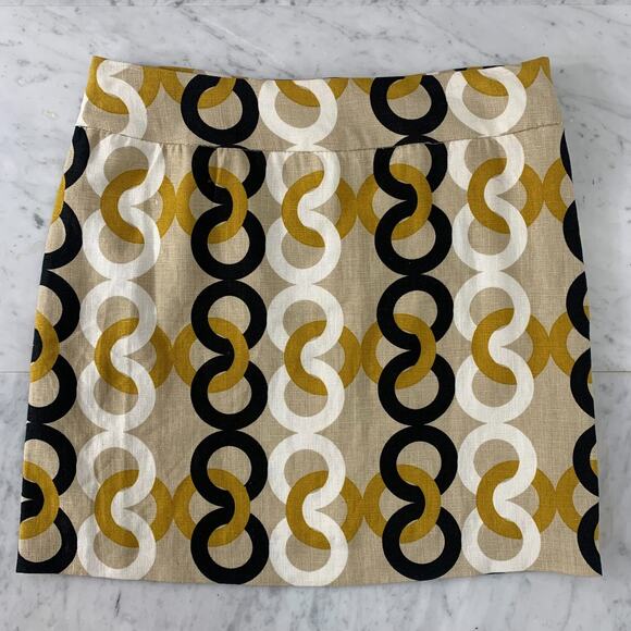 J CREW Mini Skirt 10 Black Gold Circles 100% Linen NWT *Sizing Runs Small - Picture 1 of 4